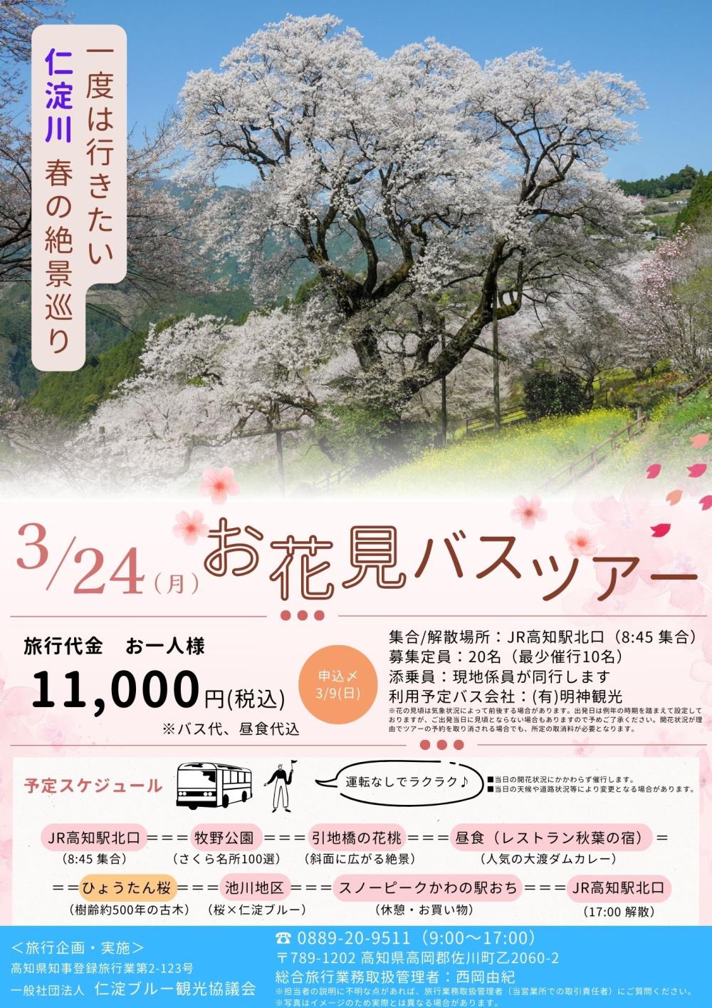 【催行決定！3/18まで募集中】3月24日（月）仁淀川でお花見バスツアー を開催します！